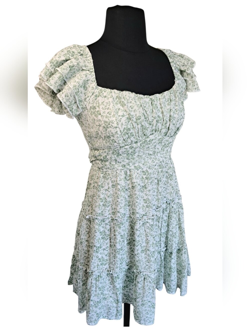 Francesca's White & Green Floral Ruffle Tiered Mini Dress Size XS